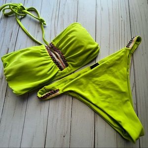 Neon Lime Bandeau Bikini Set with Beaded Accent